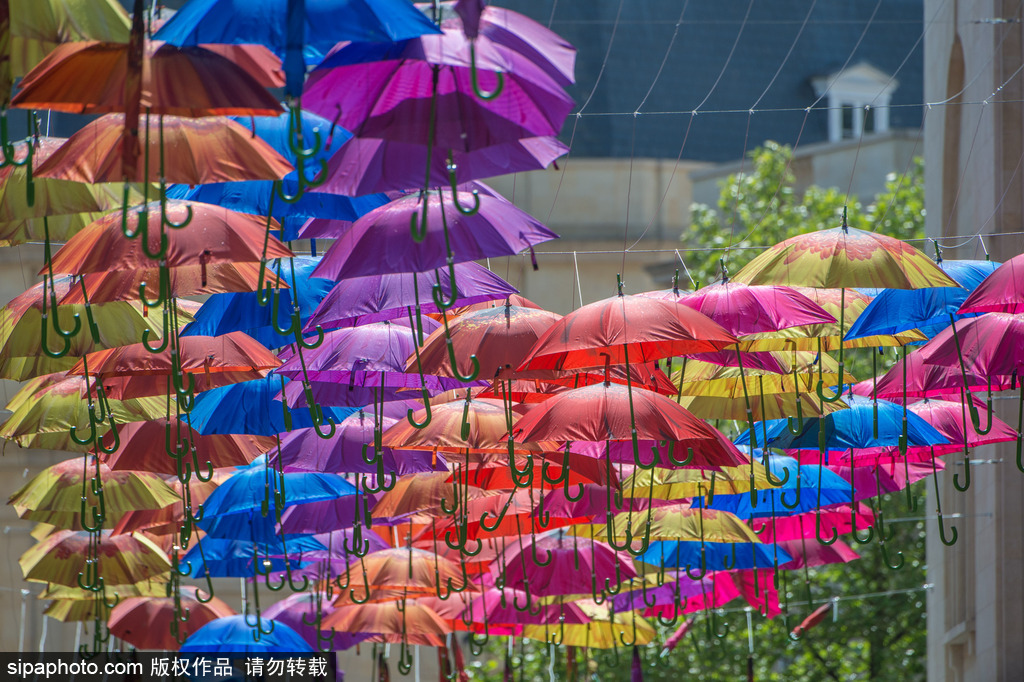 英國(guó)巴思街道懸掛多彩雨傘 色彩明亮裝點(diǎn)城市