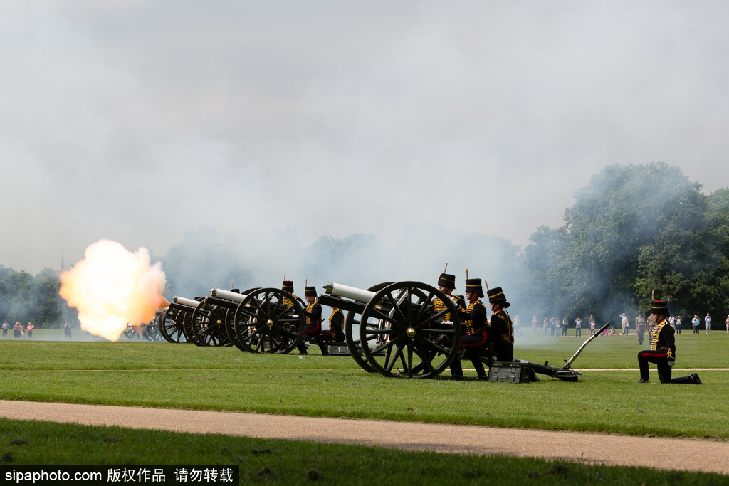 英國皇家騎兵鳴禮炮紀念女王伊麗莎白二世加冕64周年