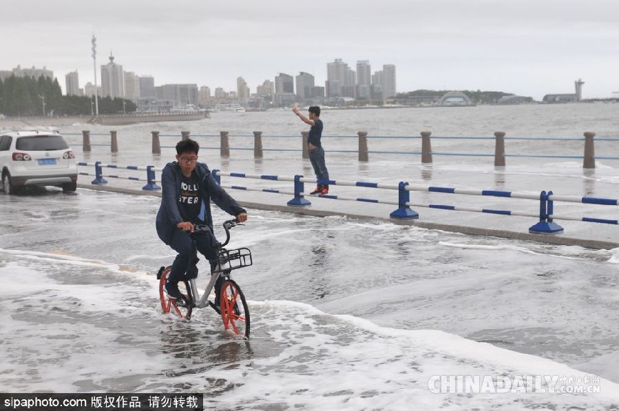 青島大潮掀10余米高巨浪 游客冒險(xiǎn)拍照