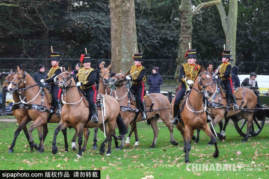 英女王登基66周年紀(jì)念 皇家騎兵炮兵團(tuán)發(fā)射41響禮炮慶祝