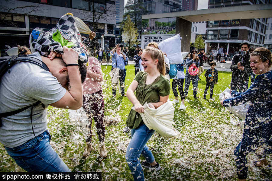 國(guó)際枕頭大戰(zhàn)日 荷蘭鹿特丹民眾街頭狂歡